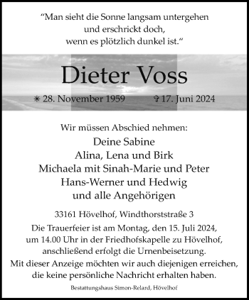 Traueranzeige von Dieter Voss von Westfalen Blatt