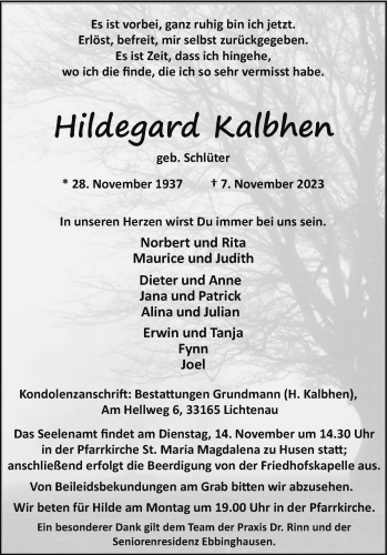 Traueranzeige von Hildegard Kalbhen von Westfalen Blatt