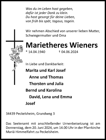 Traueranzeige von Marietheres Wieners von Westfalen Blatt