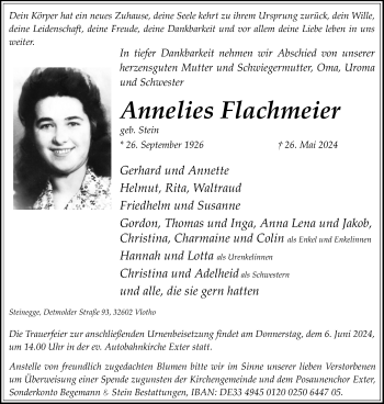 Traueranzeige von Annelies Flachmeier von Westfalen Blatt