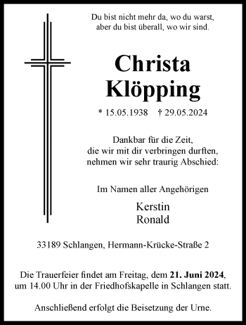 Traueranzeige von Christa Klöpping von Westfalen Blatt