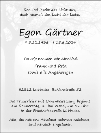 Traueranzeige von Egon Gärtner von Westfalen Blatt