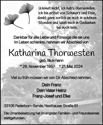 Traueranzeige von Katharina Thorwesten von Westfalen Blatt
