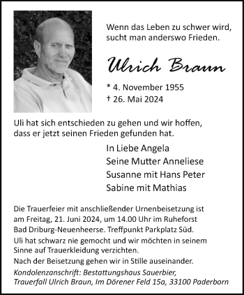 Traueranzeige von Ulrich Braun von Westfalen Blatt