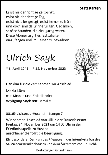 Traueranzeige von Ulrich Sayk von Westfalen Blatt