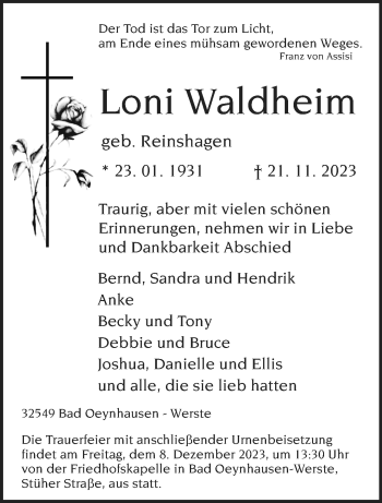 Traueranzeige von Loni Waldheim von Westfalen Blatt