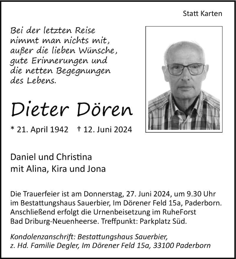  Traueranzeige für Dieter Dören vom 22.06.2024 aus Westfalen Blatt