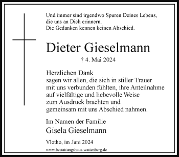 Traueranzeige von Dieter Gieselmann von Westfalen Blatt