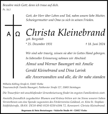 Traueranzeige von Christa Kleinebrand von Westfalen Blatt