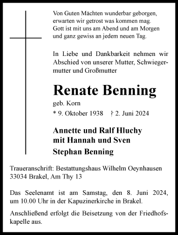 Traueranzeige von Renate Benning von Westfalen Blatt