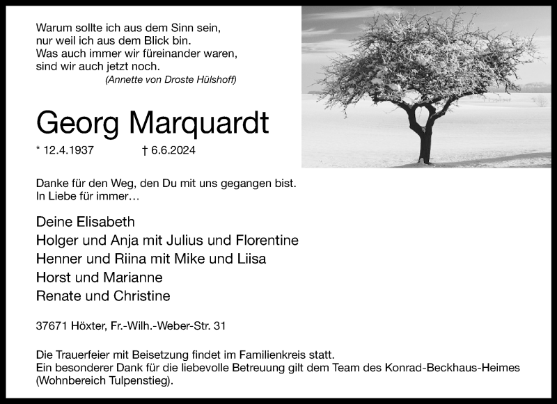  Traueranzeige für Georg Marquardt vom 08.06.2024 aus Westfalen Blatt