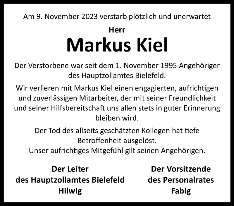  Traueranzeige für Markus Kiel vom 24.11.2023 aus Westfalen Blatt