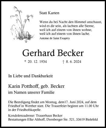 Traueranzeige von Gerhard Becker von Westfalen Blatt