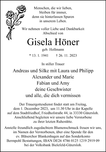 Traueranzeige von Gisela Höner von Westfalen Blatt