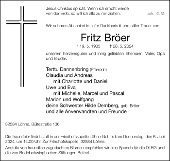 Traueranzeige von Fritz Bröer von Westfalen Blatt