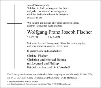 Traueranzeige von Wolfgang Franz Joseph Fischer von Westfalen Blatt