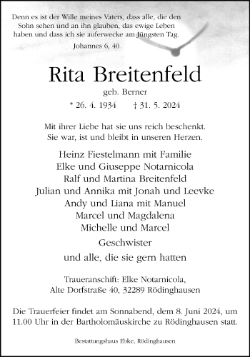 Traueranzeige von Rita Breitenfeld von Westfalen Blatt