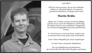 Traueranzeige von Martin Brühs von Westfalen Blatt