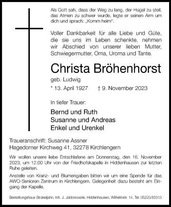 Traueranzeige von Christa Bröhenhorst von Westfalen Blatt