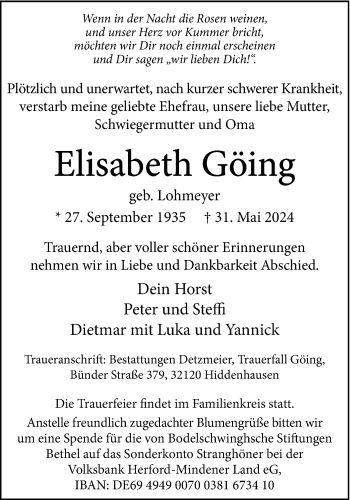 Traueranzeige von Elisabeth Göing von Westfalen Blatt