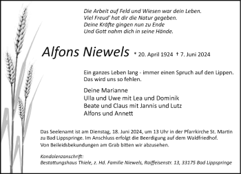 Traueranzeige von Alfons Niewels von Westfalen Blatt