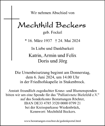 Traueranzeige von Mechthild Beckers von Westfalen Blatt