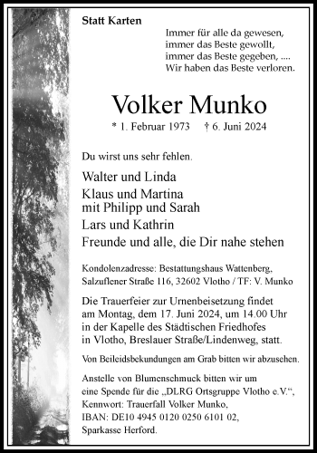 Traueranzeige von Volker Munko von Westfalen Blatt