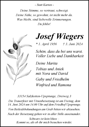 Traueranzeige von Josef Wiegers von Westfalen Blatt