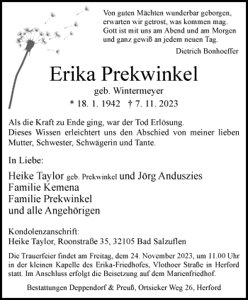 Traueranzeige von Erika Prekwinkel von Westfalen Blatt