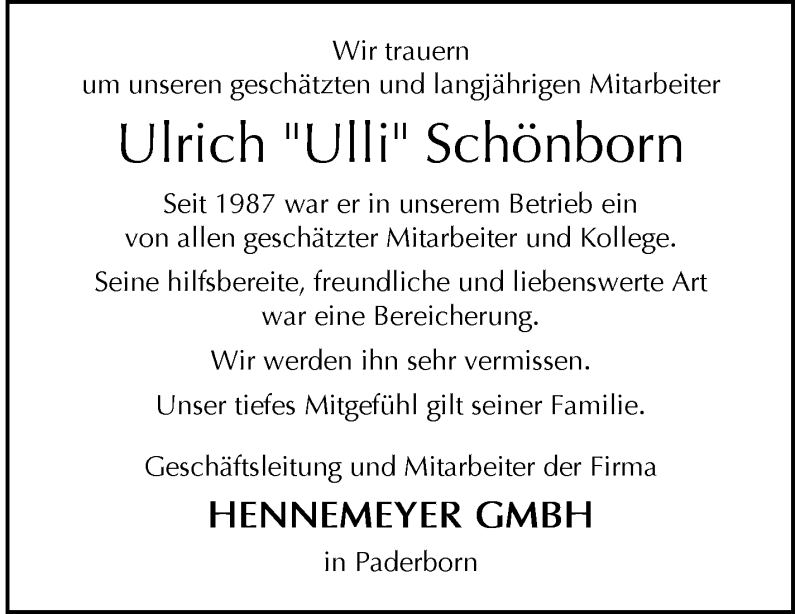  Traueranzeige für Ulrich Schönborn vom 04.11.2023 aus Westfalen Blatt