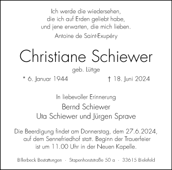 Traueranzeige von Christiane Schiewer von Westfalen Blatt