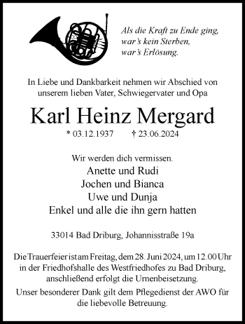 Traueranzeige von Karl Heinz Mergard von Westfalen Blatt