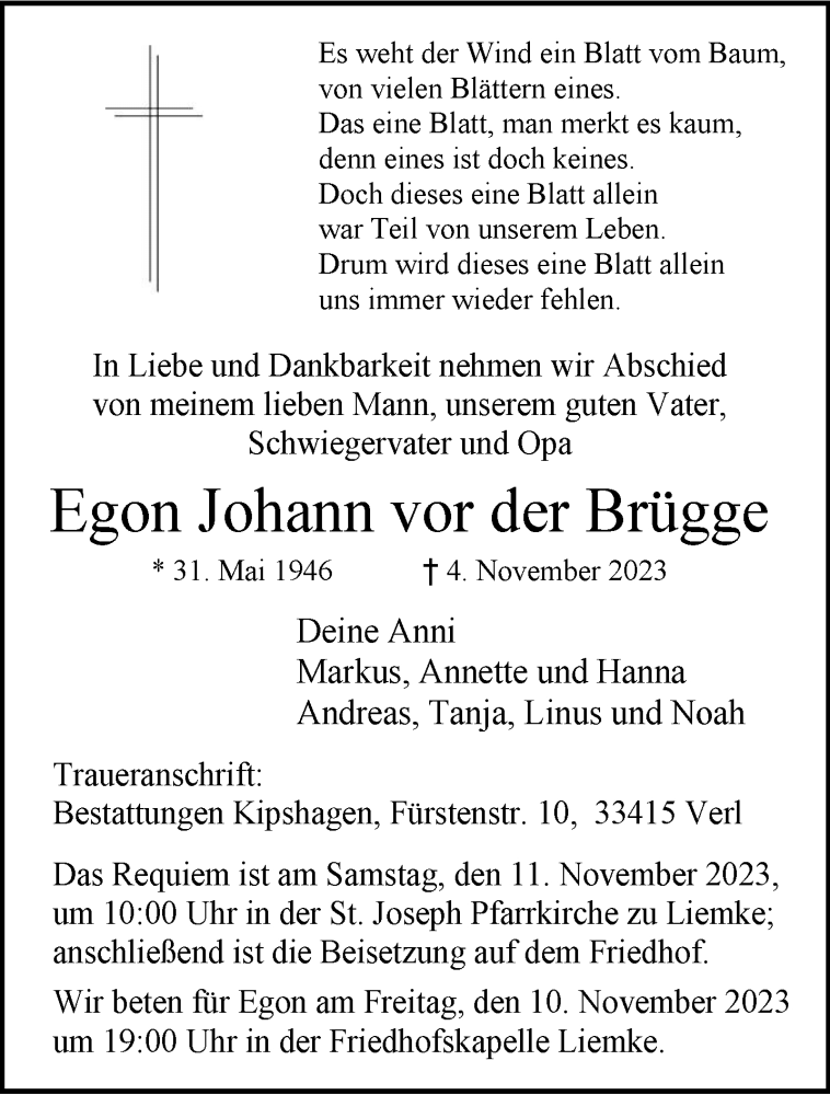  Traueranzeige für Egon Johann Vor der Brügge vom 07.11.2023 aus Westfalen Blatt