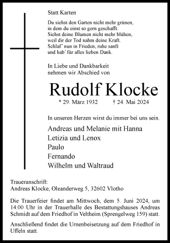 Traueranzeige von Rudolf Klocke von Westfalen Blatt