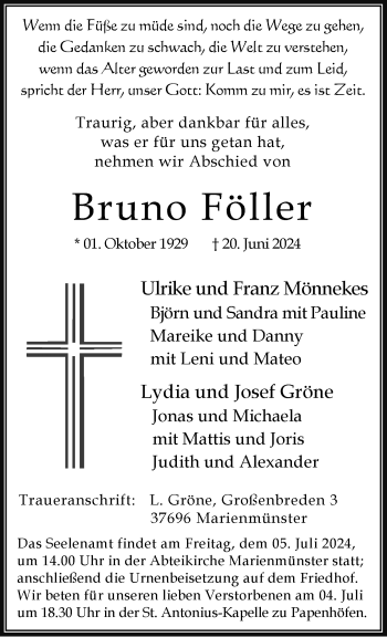 Traueranzeige von Bruno Föller von Westfalen Blatt