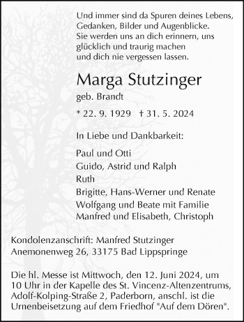 Traueranzeige von Marga Stutzinger von Westfalen Blatt