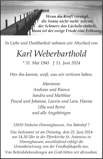 Traueranzeige von Karl Weberbarthold von Westfalen Blatt