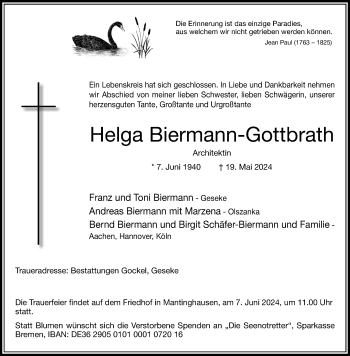 Traueranzeige von Helga Biermann-Gottbrath von Westfalen Blatt