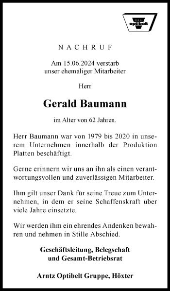 Traueranzeige von Gerald Baumann von Westfalen Blatt