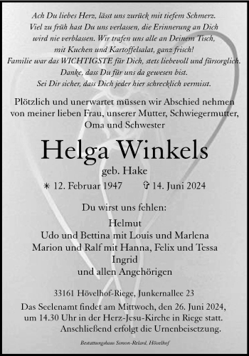 Traueranzeige von Helga Winkels von Westfalen Blatt