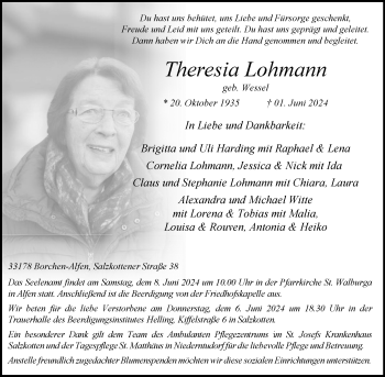 Traueranzeige von Theresia Lohmann von Westfalen Blatt