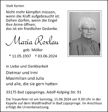 Traueranzeige von Maria Roxlau von Westfalen Blatt