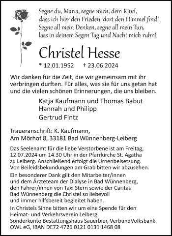 Traueranzeige von Christel Hesse von Westfalen Blatt