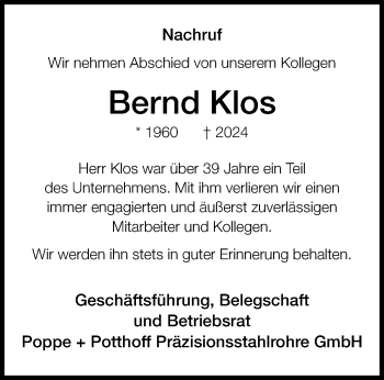 Traueranzeige von Bernd Klos von Westfalen Blatt