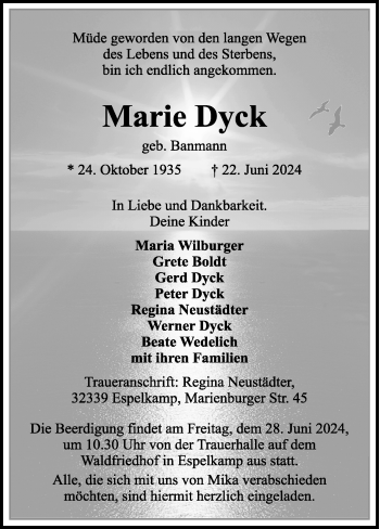 Traueranzeige von Marie Dyck von Westfalen Blatt