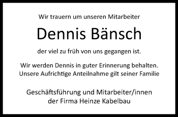 Traueranzeige von Dennis Bänsch von Westfalen Blatt