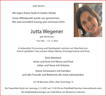 Traueranzeige von Jutta Wegener Geb.wienhusen von Westfalen Blatt