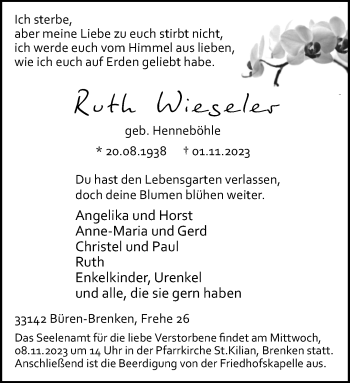 Traueranzeige von Ruth Wieseler von Westfalen Blatt