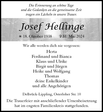 Traueranzeige von Josef Hellinge von Westfalen Blatt