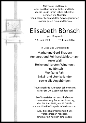 Traueranzeige von Elisabeth Bönsch von Westfalen Blatt